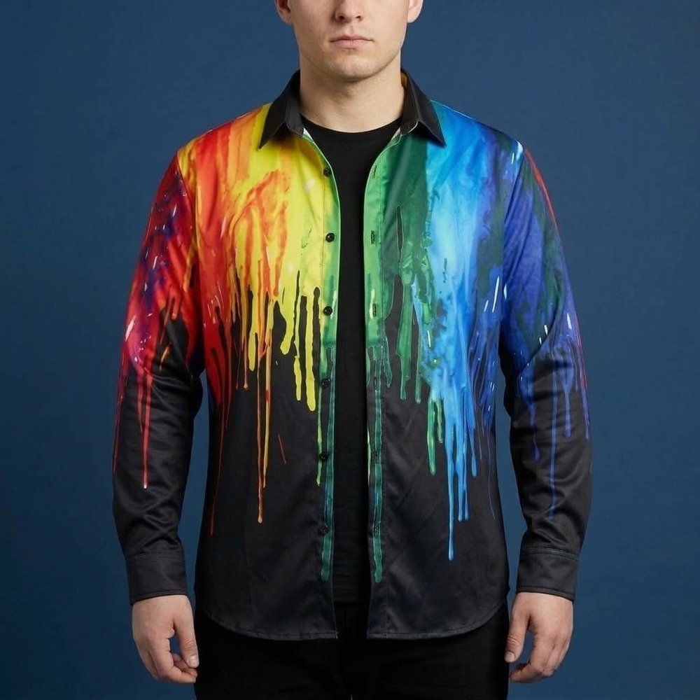Xuan‎ Ying Collection Rainbow Paint Drip Shirt Mens XXL Multicolor Poly